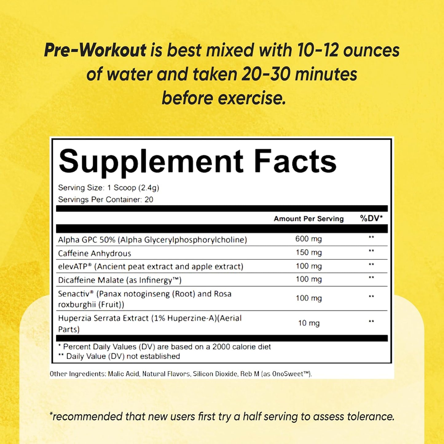 Hybrid Pre Workout Powder Supplement with 250mg Caffeine and Alpha GPC for Energy, Focus, and Endurance - 20 Servings for Men & Women