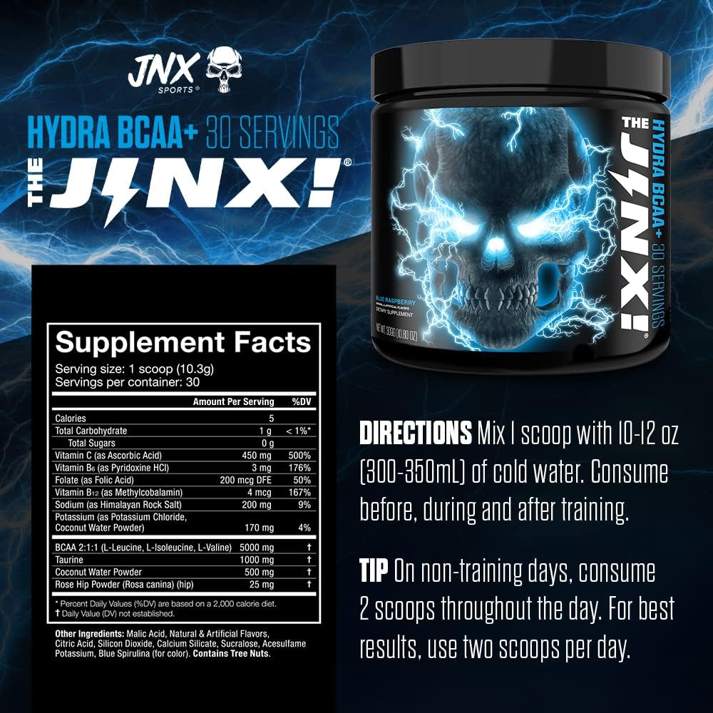 Hydra BCAA+ Post Workout Recovery Drink - Blue Raspberry Flavor - 30 Servings for Men & Women by JNX SPORTS