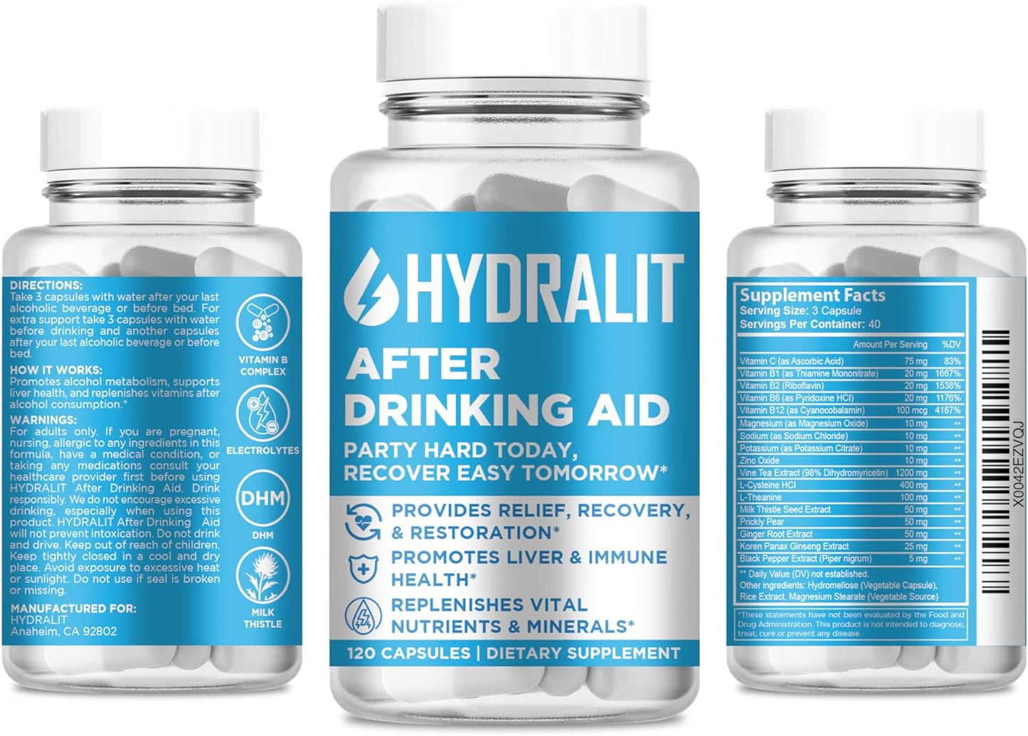 Hydralit After Drinking Aid Supplement - Electrolytes & DHM for Weekend Recovery & Liver Health Support - 120 Capsules