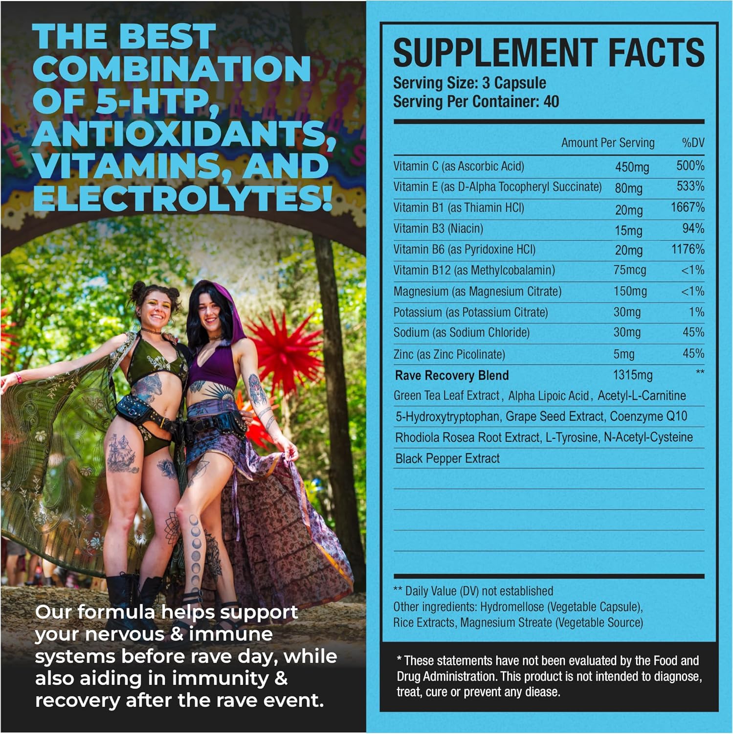 Hydralit Rave Recovery Pills - 5-HTP Supplement with Electrolytes for Better Mornings and Energy - 120 Capsules