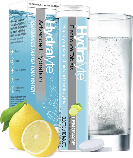Hydralyte Lemonade Electrolyte Tablets - Ideal for Bachelorette Parties, Workouts, and Travel (10 Servings, 20 Tablets)