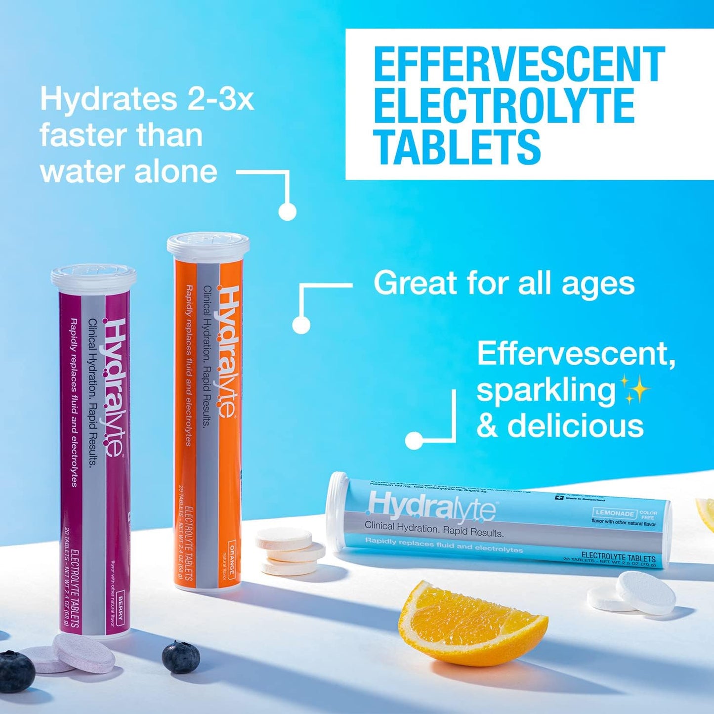 Hydralyte Lemonade Electrolyte Tablets - Ideal for Bachelorette Parties, Workouts, and Travel (10 Servings, 20 Tablets)