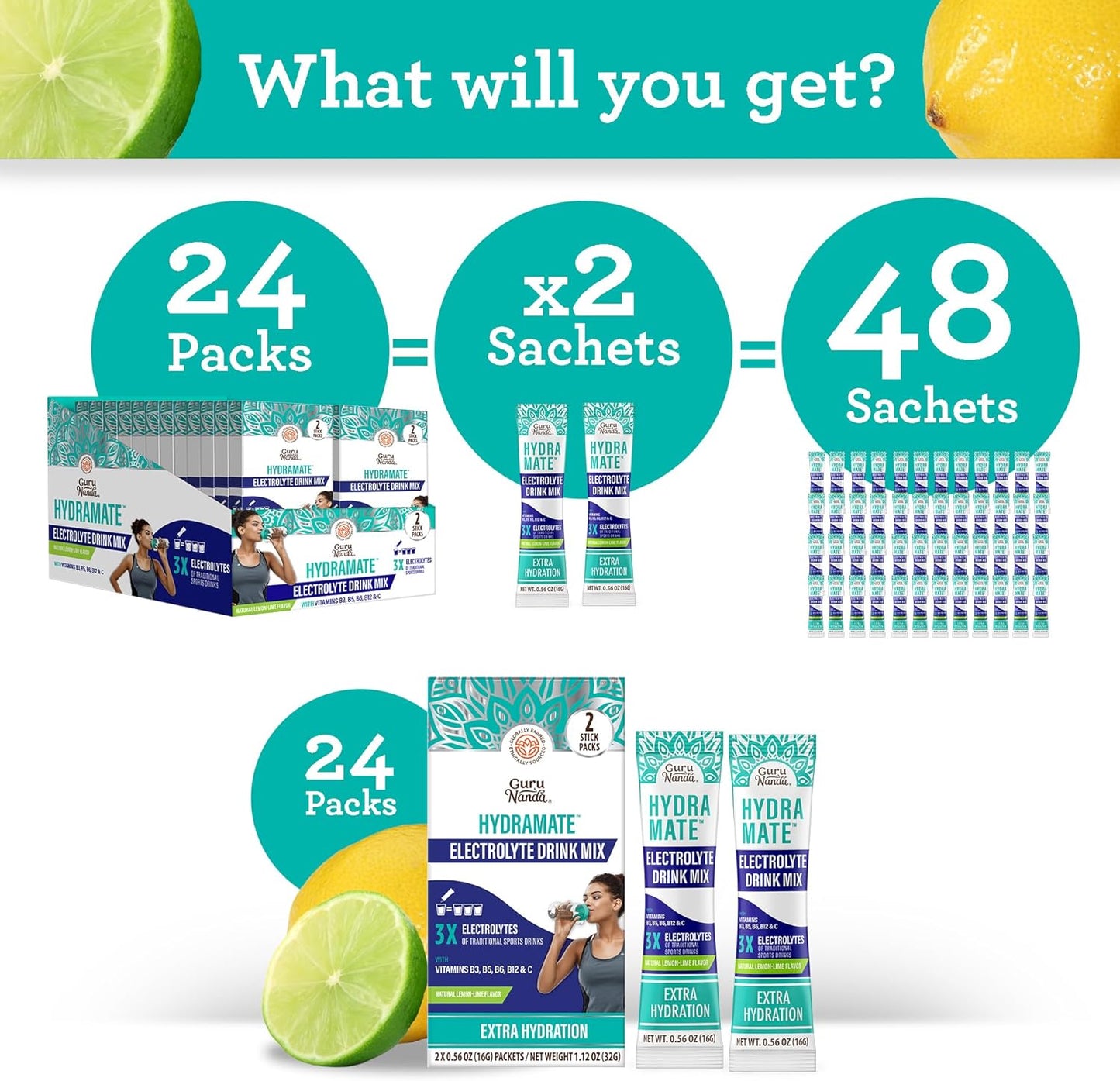 Hydramate Electrolyte Powder Packets - Natural Lemon Lime Flavor - 48 Count - Hydration Support for Dehydration & Energy - No Added Sweeteners, Non-GMO - Exercise Drink Mix