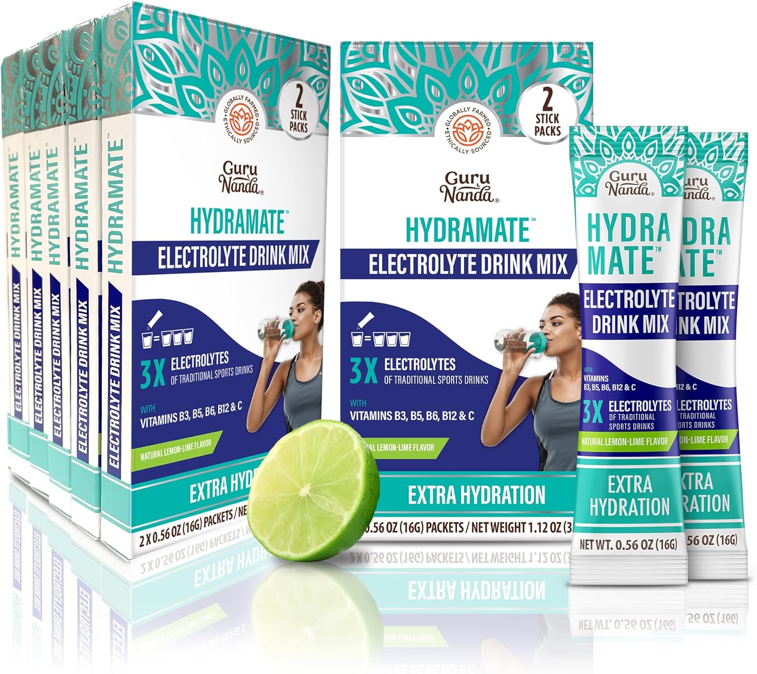 Hydramate Electrolyte Powder Packets for Hydration & Energy - Natural Lemon Lime Flavor - 12 Pack (0.56 oz Each)