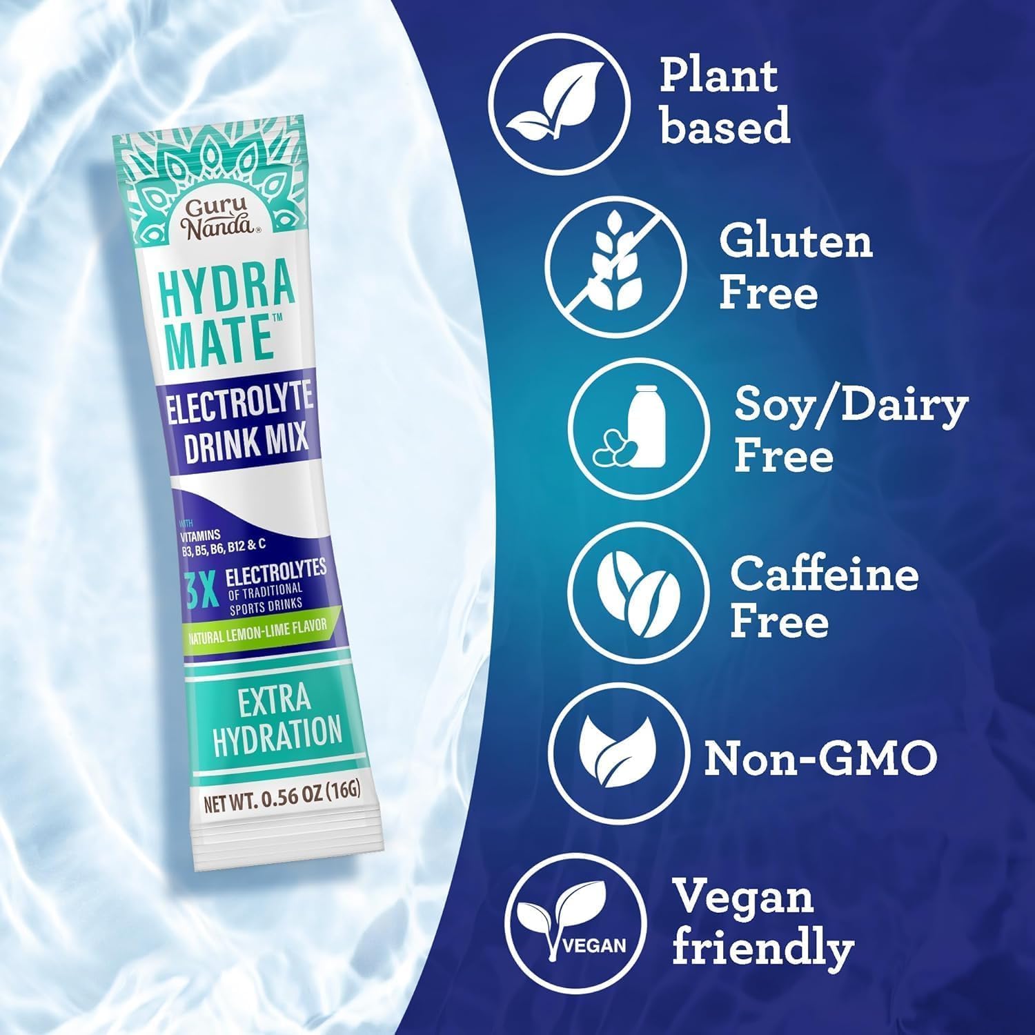 Hydramate Electrolyte Powder Packets for Hydration & Energy - Natural Lemon Lime Flavor - 12 Pack (0.56 oz Each)