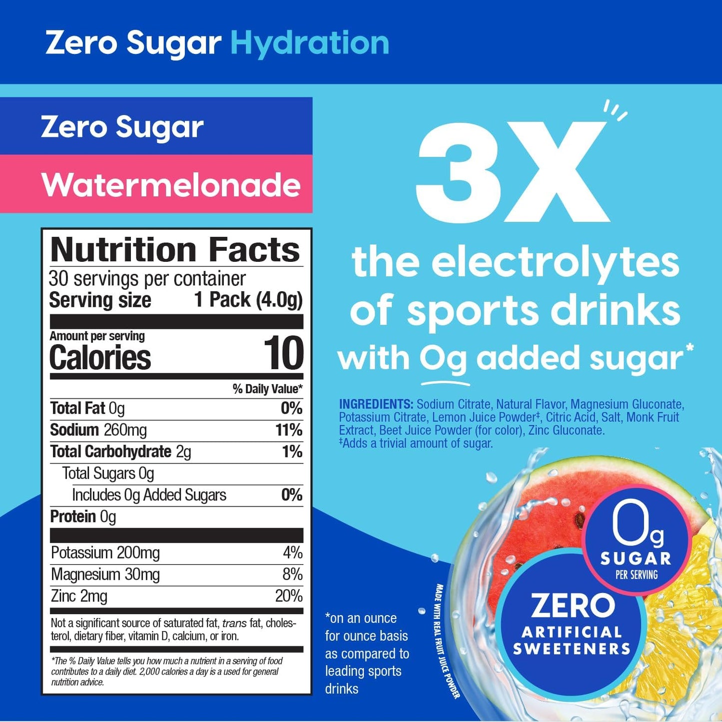 Hydrant Hydrate Powder Packets - Watermelonade Flavor, No Added Sugar, Zero Sugar, FSA & HSA Eligible, 30 Count