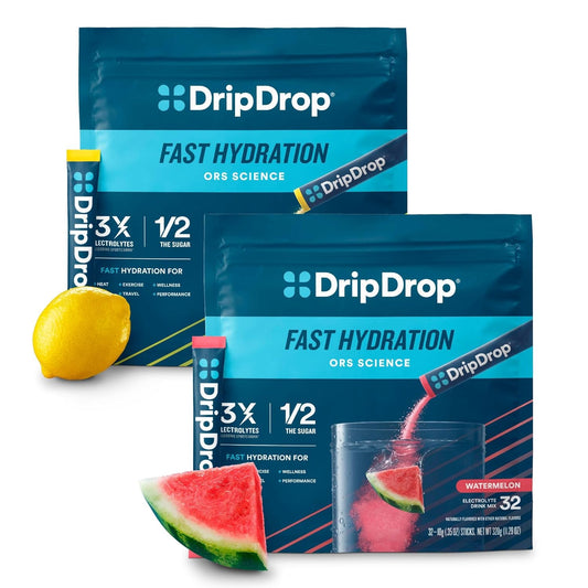 Hydrate On-the-Go with DripDrop Electrolyte Powder Packets - Watermelon & Lemon Flavor Bundle - 64 Packets