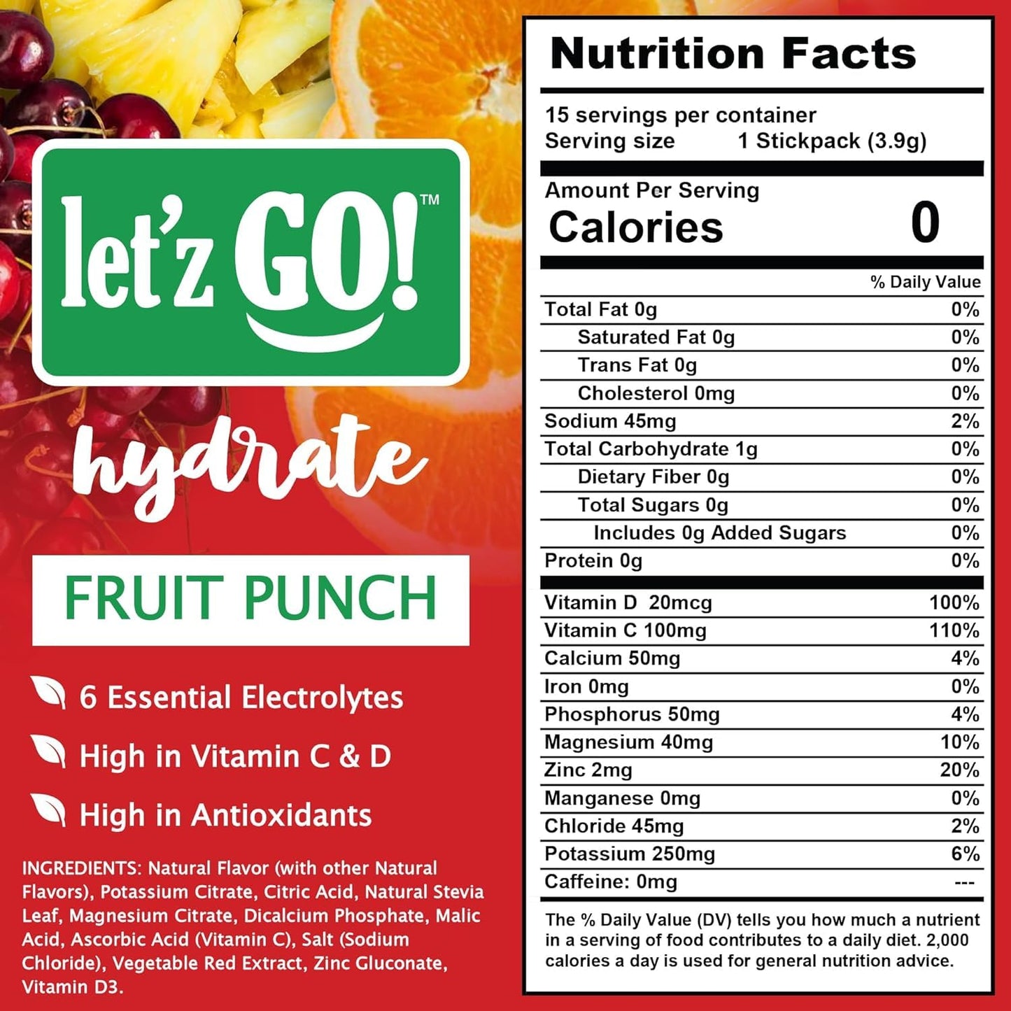 Hydrate with Let'z Go! Natural Hydration + Electrolyte Drink Mix - Antioxidant Powder Packets with Vitamins C + D, No Sugar, No Calories - Fruit Punch Flavor (15 Count)