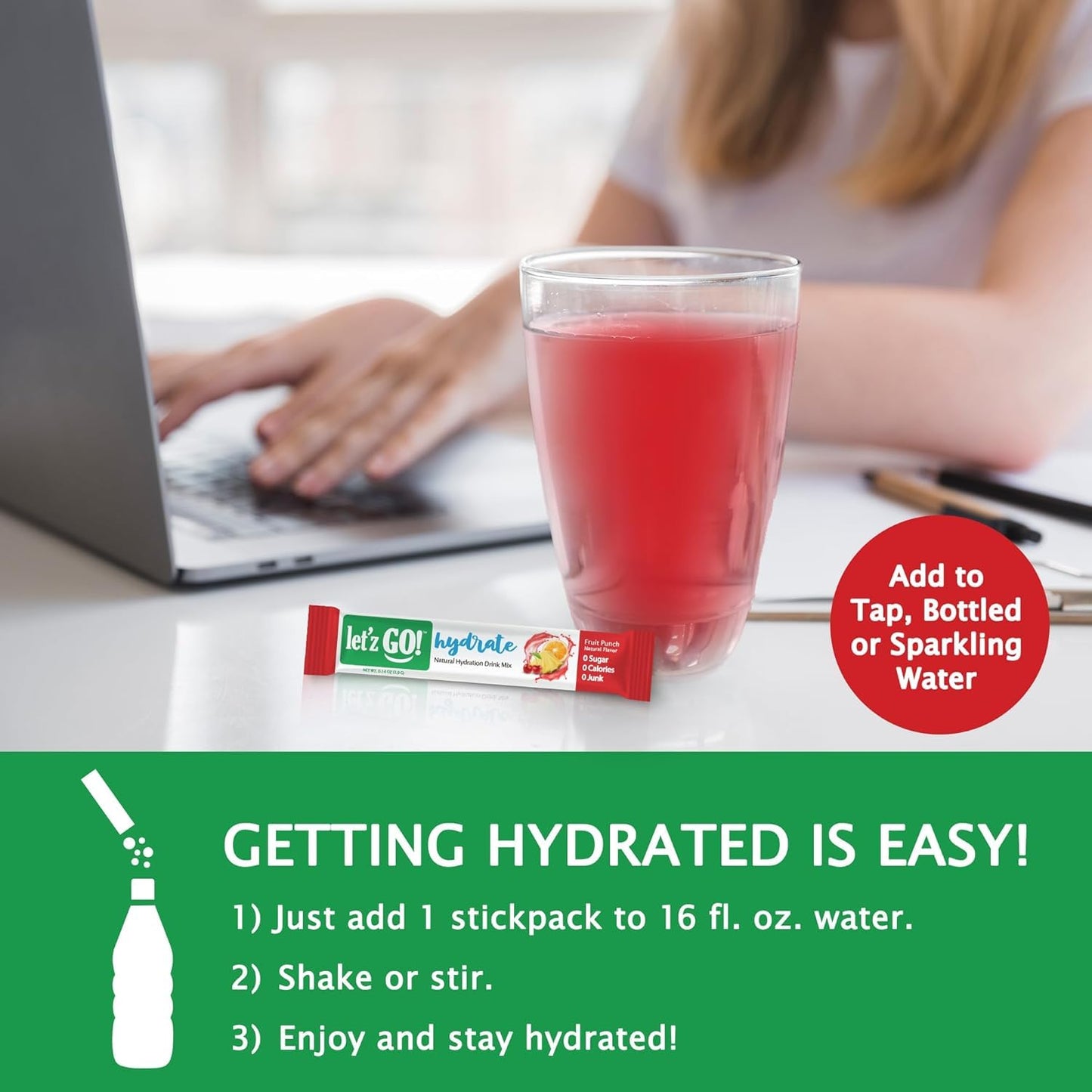 Hydrate with Let'z Go! Natural Hydration + Electrolyte Drink Mix - Antioxidant Powder Packets with Vitamins C + D, No Sugar, No Calories - Fruit Punch Flavor (15 Count)