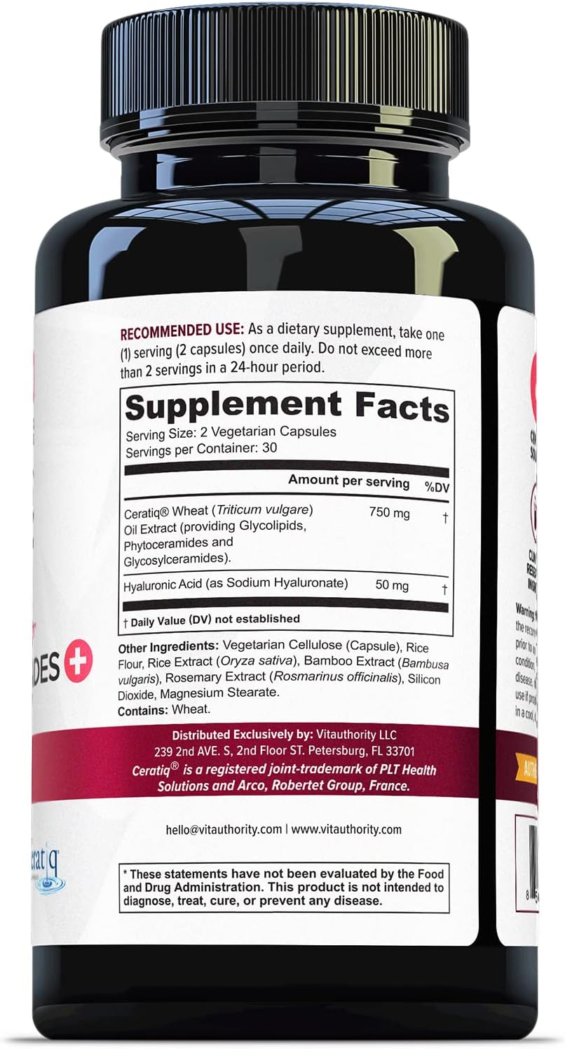 Hydrating Anti Aging Phytoceramides Supplement with Hyaluronic Acid - Skin Barrier Repair for Women - 700mg Ceramides - Vitauthority