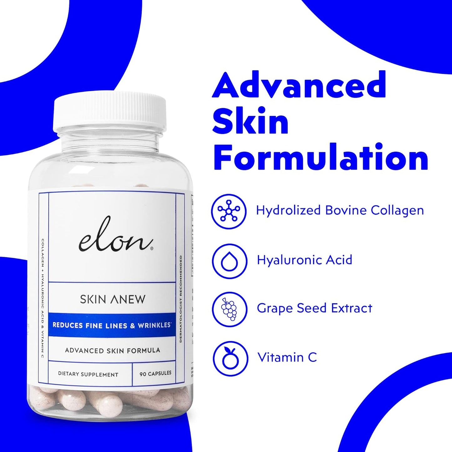 Hydrating Anti-Aging Supplement with Collagen, Hyaluronic Acid, Grape Seed Extract, Antioxidants for Vibrant Skin - 90 Capsules