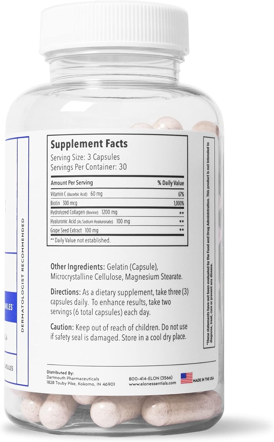 Hydrating Anti-Aging Supplement with Collagen, Hyaluronic Acid, Grape Seed Extract, Antioxidants for Vibrant Skin - 90 Capsules