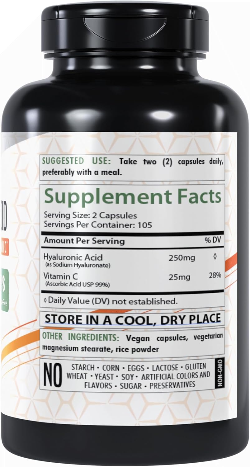 Hydrating Hyaluronic Acid Supplement 250mg - 210 Capsules with Vitamin C - Non-GMO & Gluten-Free