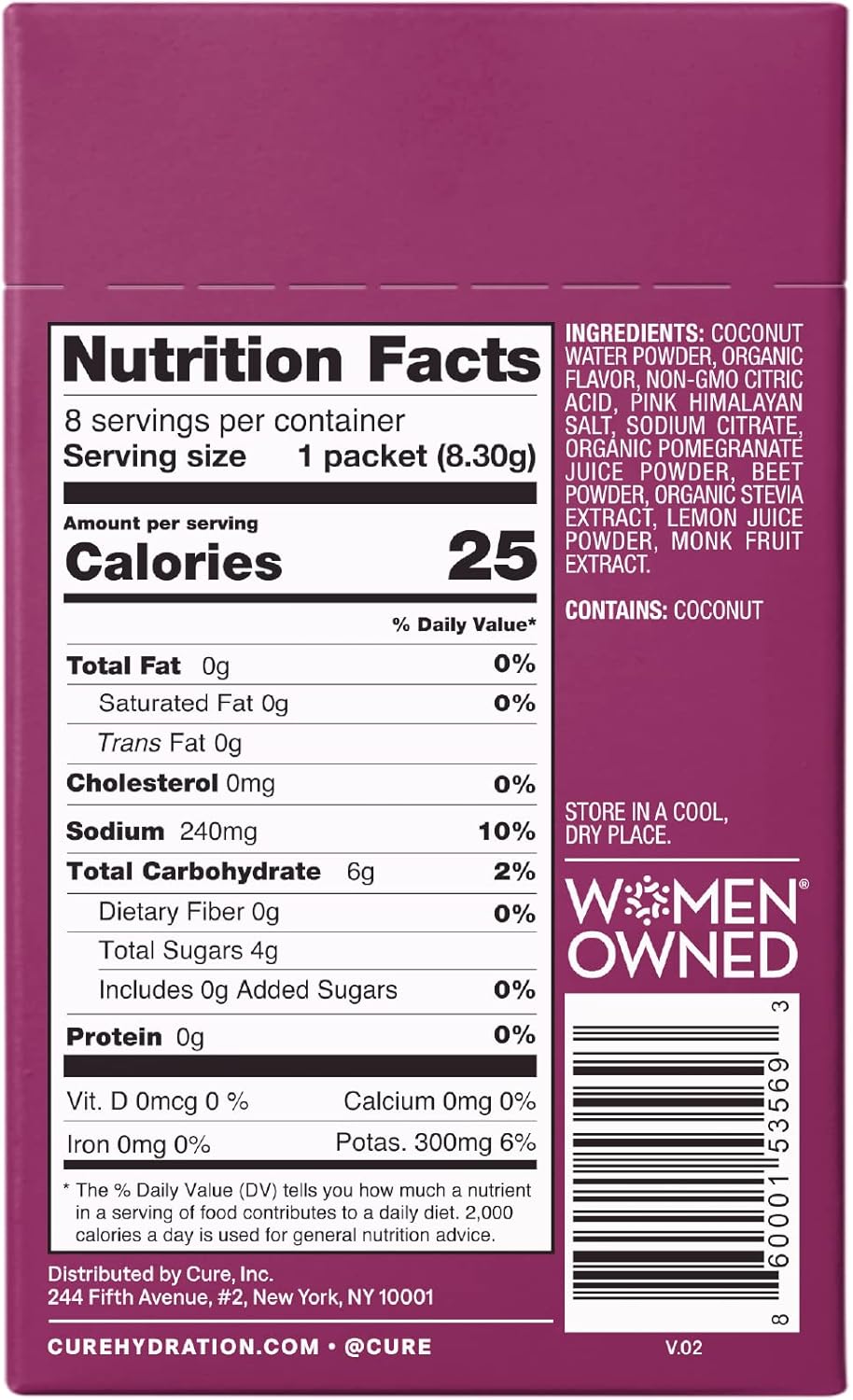 Hydrating Plant Based Electrolyte Mix Powder for Dehydration Relief - Berry Pomegranate Flavor - Non-GMO, No Added Sugar - Vegan - FSA & HSA Eligible - Box of 8 Packets