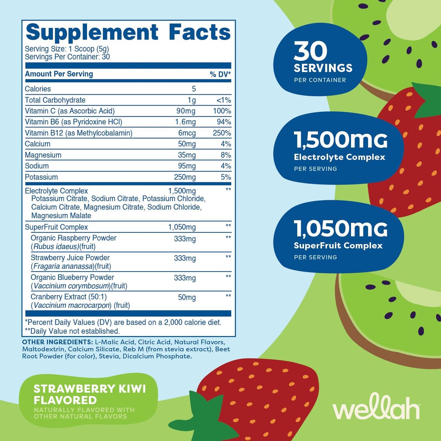 Hydration Electrolyte Drink Mix - Wellah Splish Splash (Strawberry Kiwi, 30 Servings)