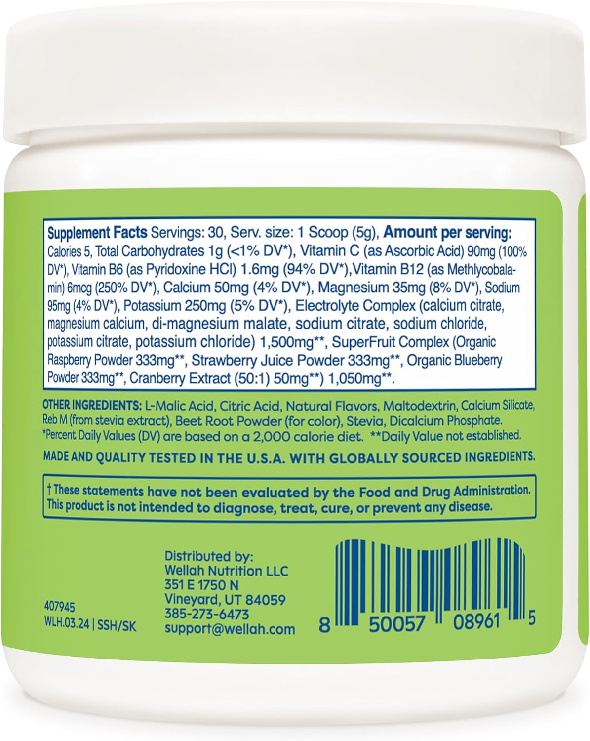 Hydration Electrolyte Drink Mix - Wellah Splish Splash (Strawberry Kiwi, 30 Servings)