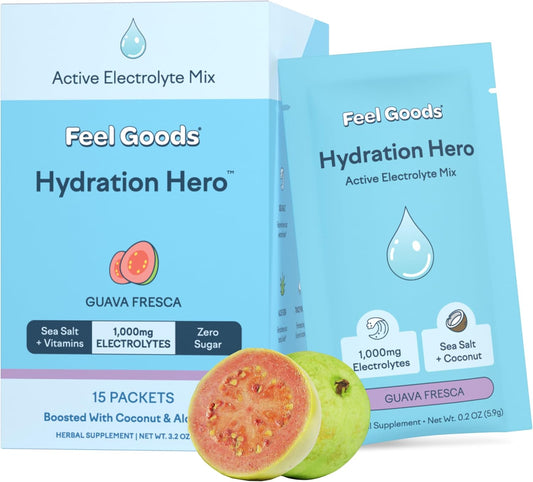 Hydration Hero Electrolyte Powder Packets with 1,000mg Electrolytes, Magnesium, Coconut Water, Vitamin C & B12 - Sugar Free, Non GMO, Keto, Vegan - Guava Fresca (15 Count)