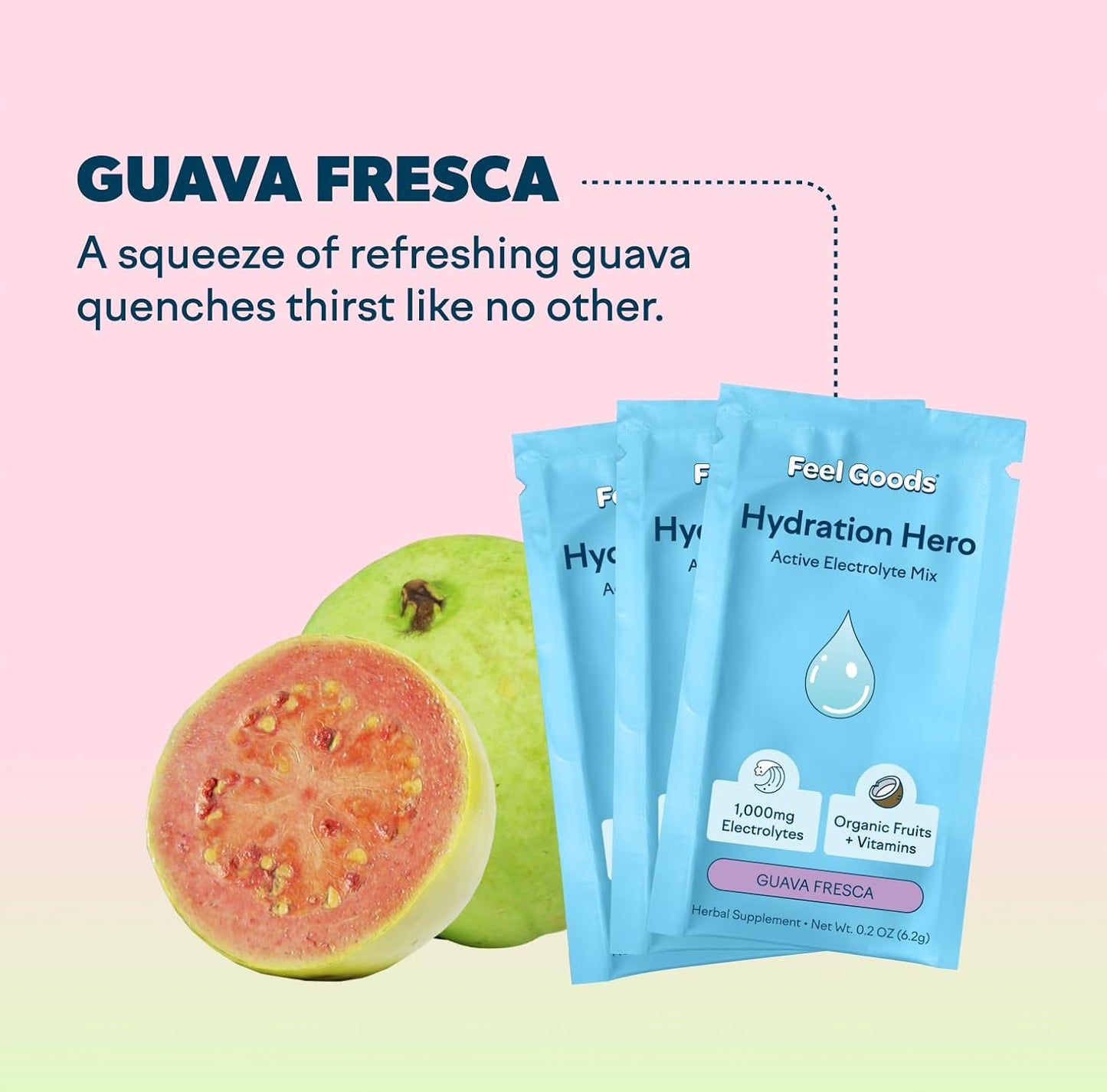 Hydration Hero Electrolyte Powder Packets with 1,000mg Electrolytes, Magnesium, Coconut Water, Vitamin C & B12 - Sugar Free, Non GMO, Keto, Vegan - Guava Fresca (15 Count)