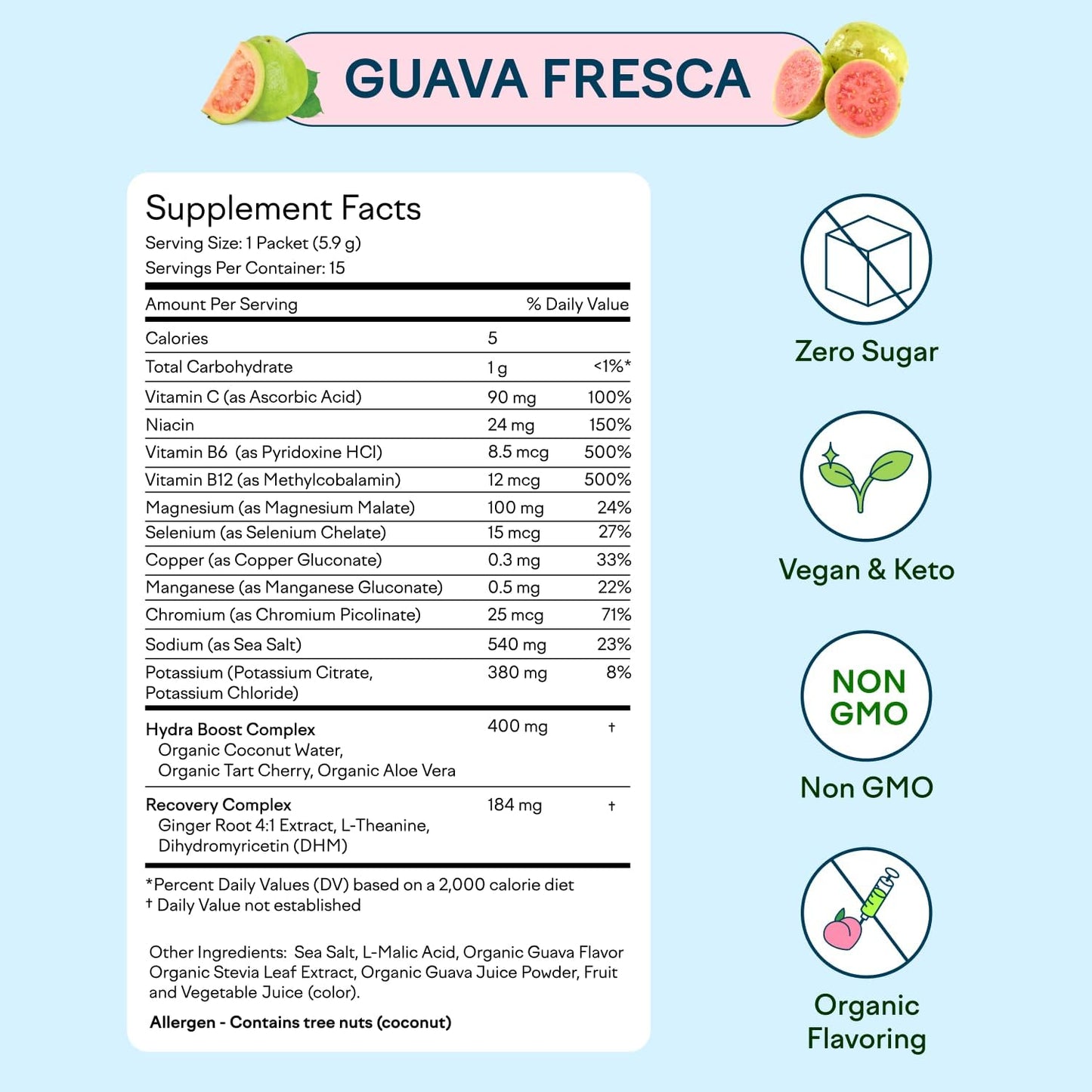 Hydration Hero Electrolyte Powder Packets with 1,000mg Electrolytes, Magnesium, Coconut Water, Vitamin C & B12 - Sugar Free, Non GMO, Keto, Vegan - Guava Fresca (15 Count)