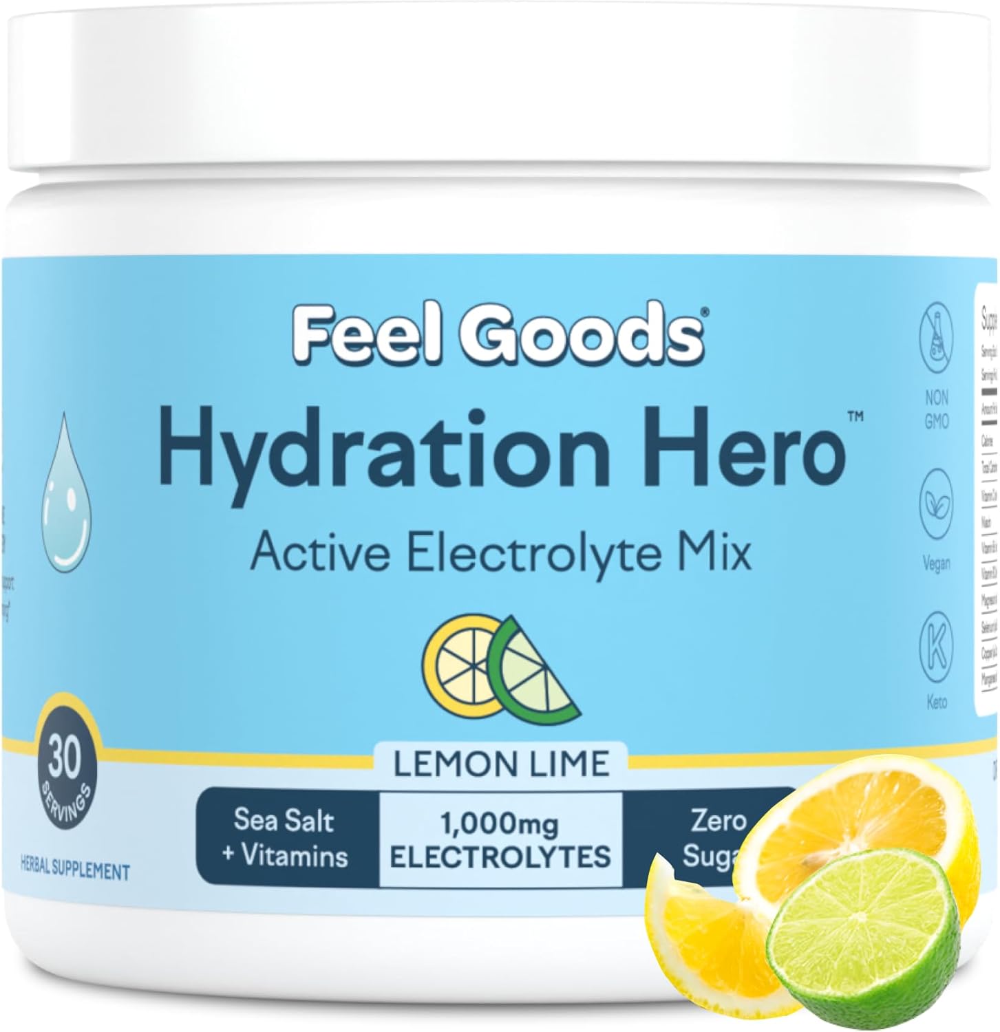 Hydration Hero Electrolytes Powder 1,000mg - Sugar Free, Magnesium, Aloe Vera, L-Theanine, Vitamin C & B12 - Non GMO, Keto, Vegan - Lemon Lime - 30 Servings