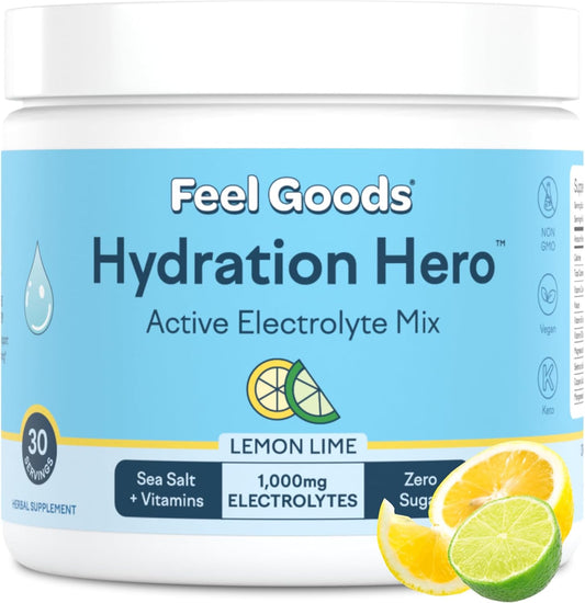 Hydration Hero Electrolytes Powder 1,000mg - Sugar Free, Magnesium, Aloe Vera, L-Theanine, Vitamin C & B12 - Non GMO, Keto, Vegan - Lemon Lime - 30 Servings
