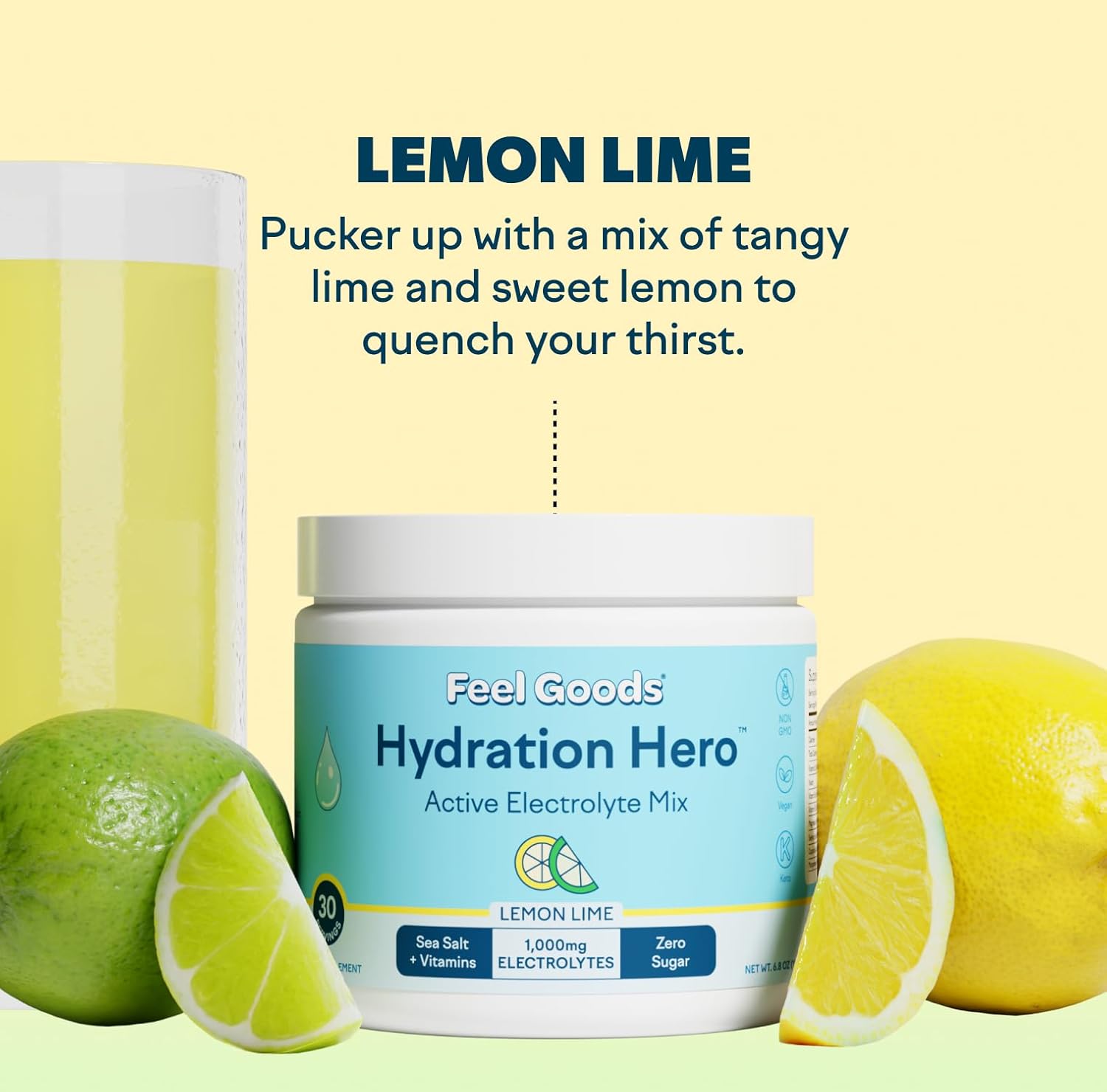 Hydration Hero Electrolytes Powder 1,000mg - Sugar Free, Magnesium, Aloe Vera, L-Theanine, Vitamin C & B12 - Non GMO, Keto, Vegan - Lemon Lime - 30 Servings