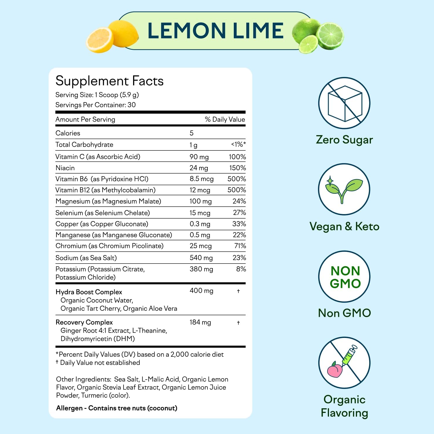 Hydration Hero Electrolytes Powder 1,000mg - Sugar Free, Magnesium, Aloe Vera, L-Theanine, Vitamin C & B12 - Non GMO, Keto, Vegan - Lemon Lime - 30 Servings