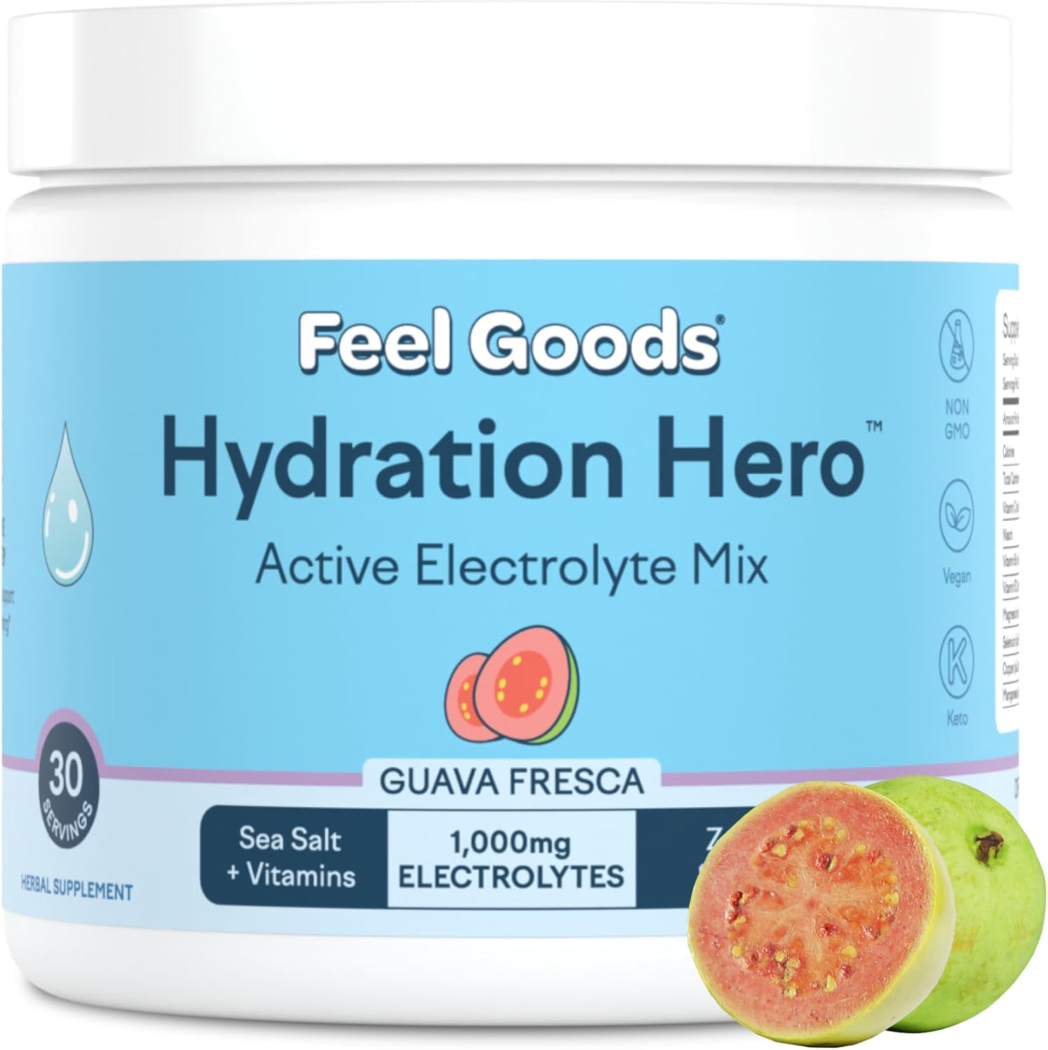 Hydration Hero Powder with 1,000mg Electrolytes, Magnesium, Aloe Vera, L Theanine, Vitamin C & B12, Non GMO, Guava Fresca Flavor, 30 Servings