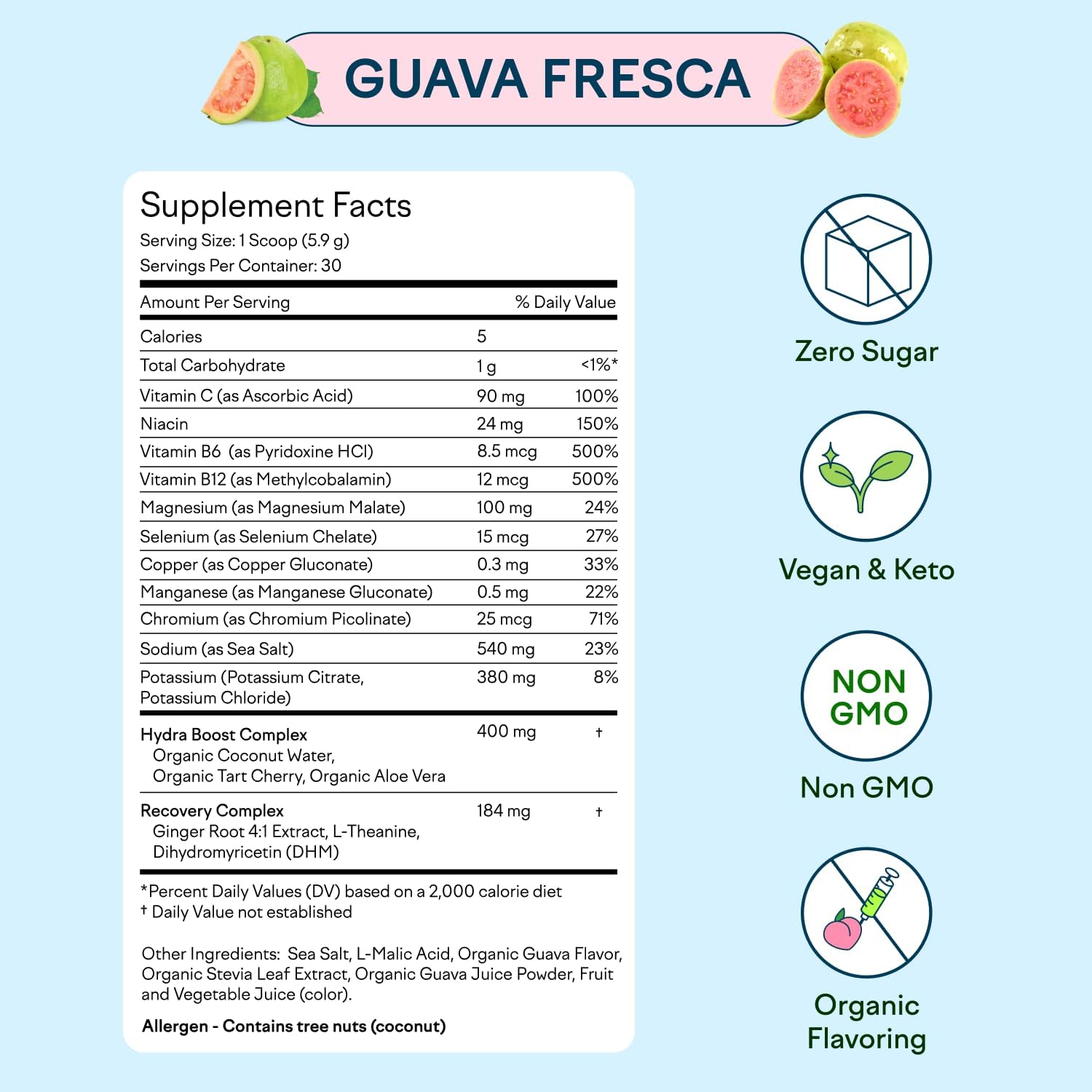 Hydration Hero Powder with 1,000mg Electrolytes, Magnesium, Aloe Vera, L Theanine, Vitamin C & B12, Non GMO, Guava Fresca Flavor, 30 Servings