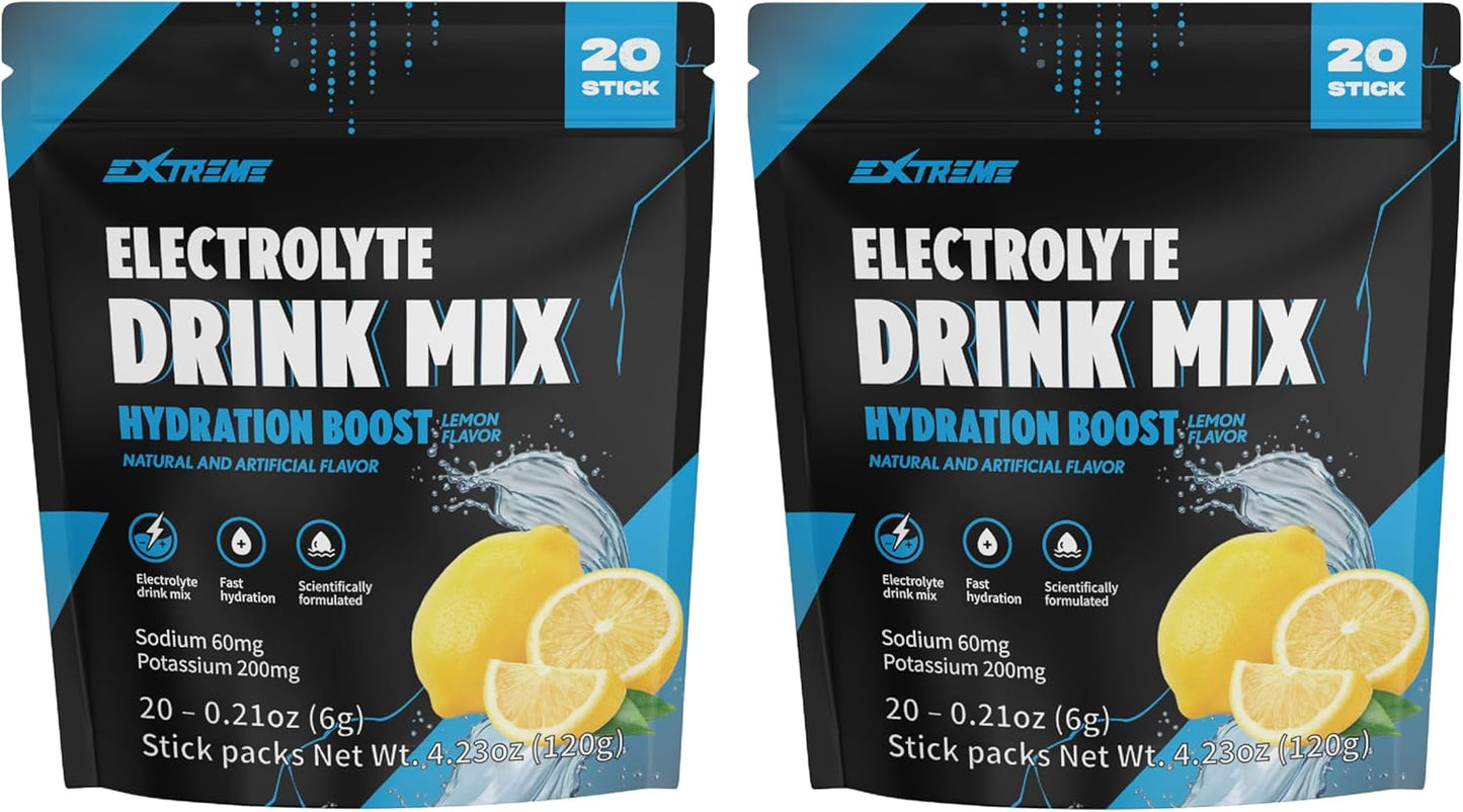 Hydration Powder Mix - Electrolyte Drink with 60mg Sodium, 200mg Potassium, Taurine, Zero Sugar, Zero Caffeine, Non GMO, Gluten Free, Low Calorie, Lemon Flavor - 20 Packets (20 Days)