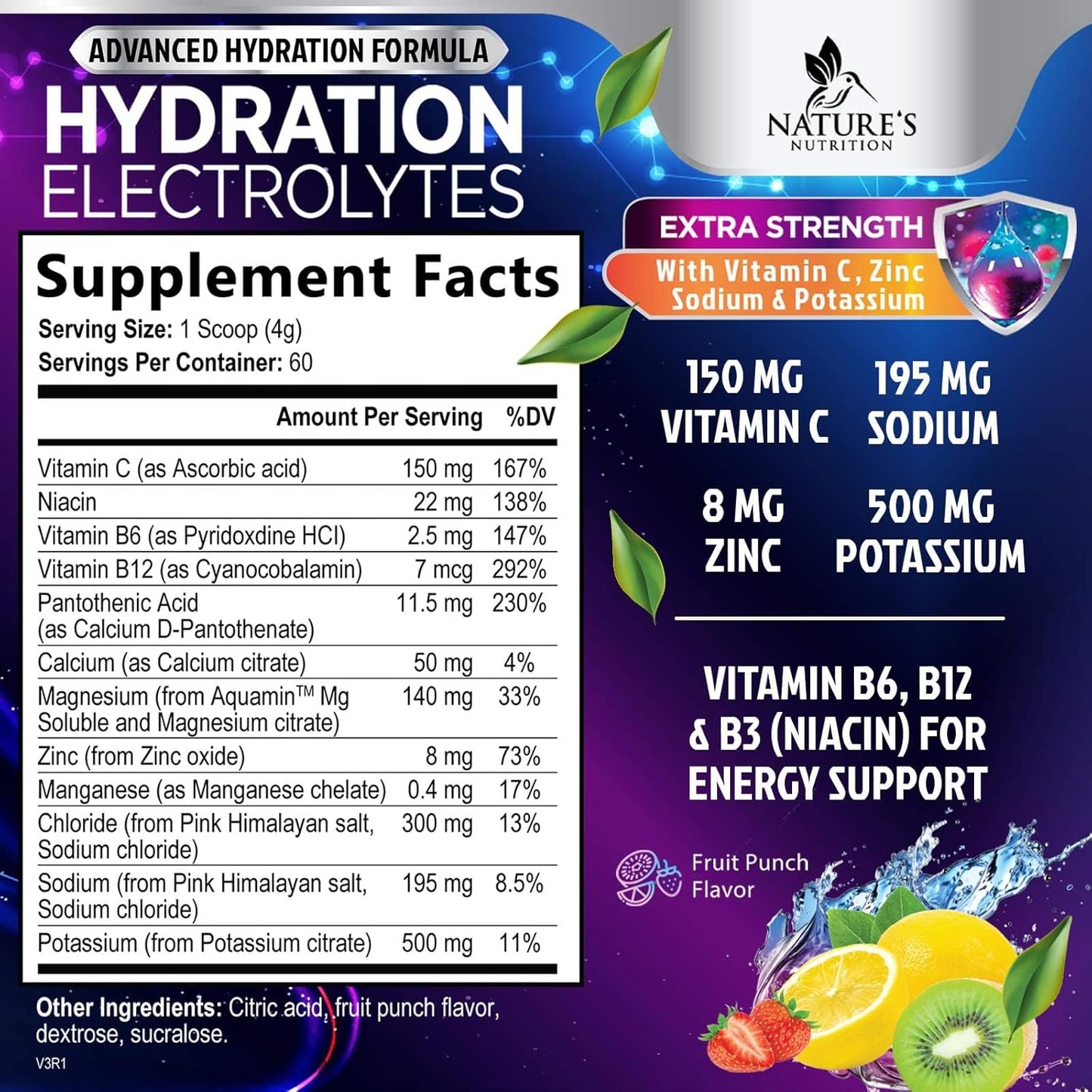 Hydration Powder Mix with 6 Electrolytes, Minerals, Zero Sugar - Keto, Vegan, Non-GMO Electrolyte Drink - 60 Servings
