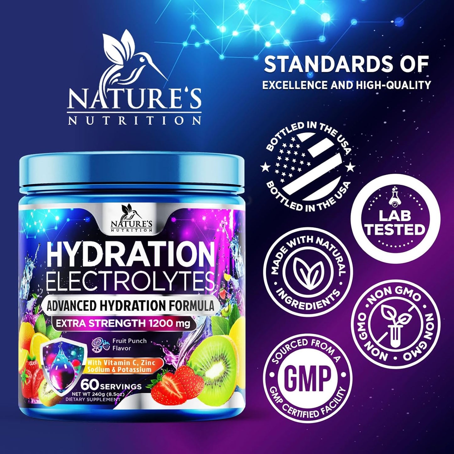 Hydration Powder Mix with 6 Electrolytes, Minerals, Zero Sugar - Keto, Vegan, Non-GMO Electrolyte Drink - 60 Servings