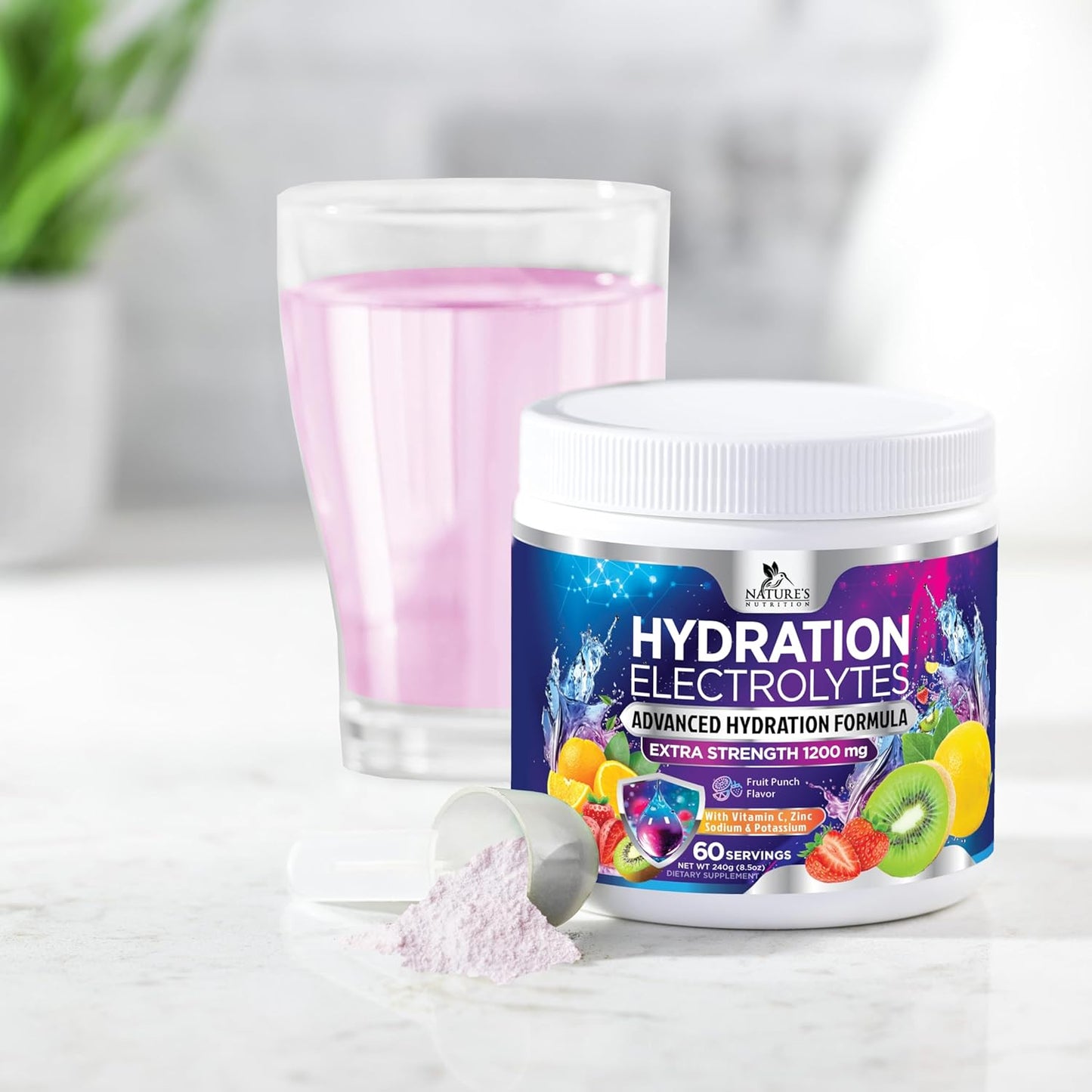 Hydration Powder Mix with 6 Electrolytes, Minerals, Zero Sugar - Keto, Vegan, Non-GMO Electrolyte Drink - 60 Servings
