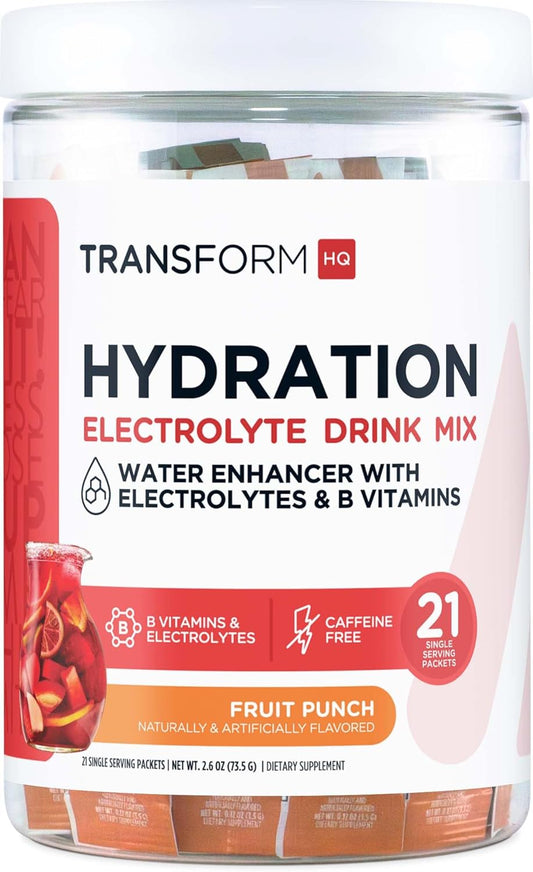 Hydration Supplement Blend with Vitamins and Electrolytes - TransformHQ Fruit Punch Drink Mix, 21 Single-Serving Packets