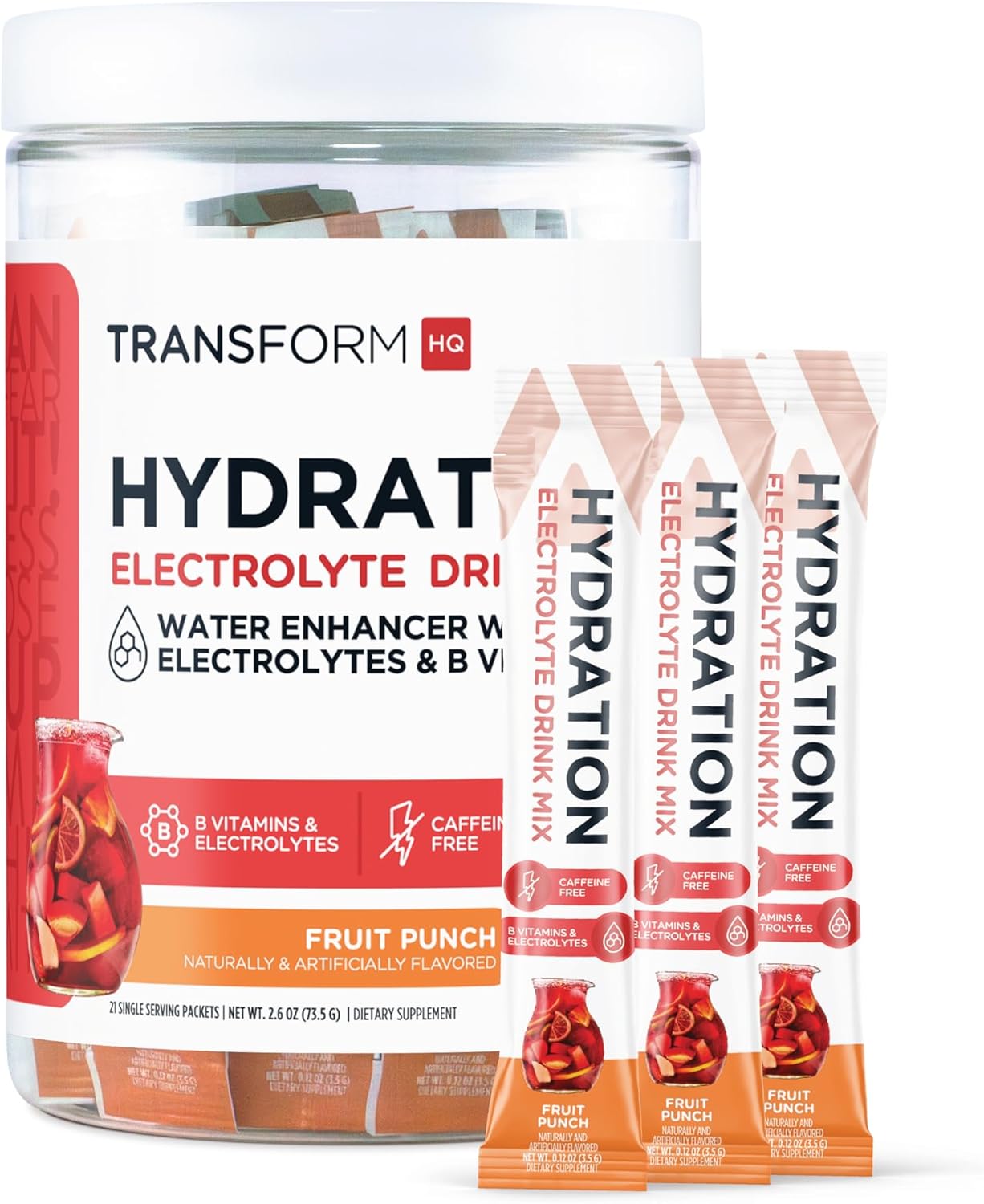 Hydration Supplement Blend with Vitamins and Electrolytes - TransformHQ Fruit Punch Drink Mix, 21 Single-Serving Packets