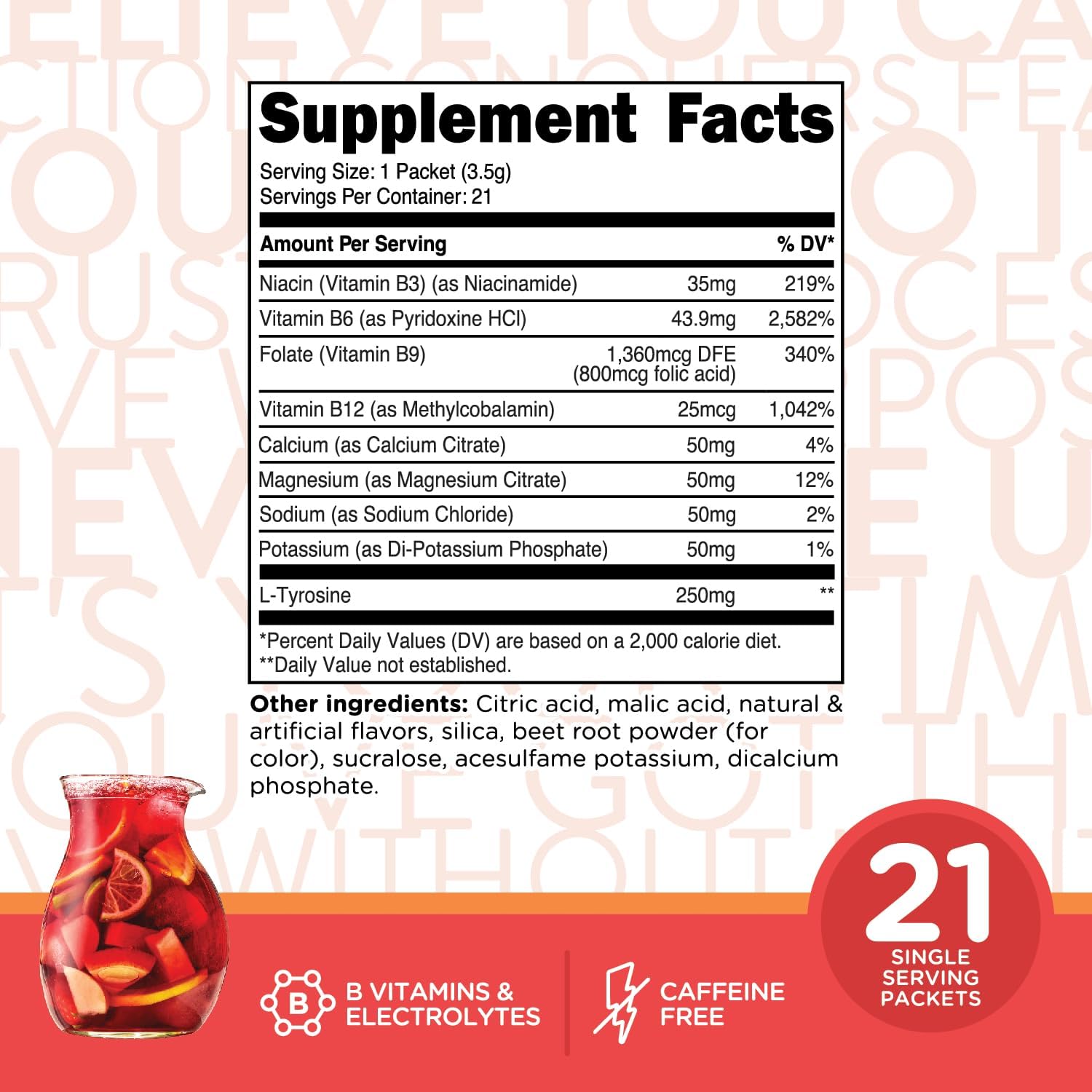 Hydration Supplement Blend with Vitamins and Electrolytes - TransformHQ Fruit Punch Drink Mix, 21 Single-Serving Packets