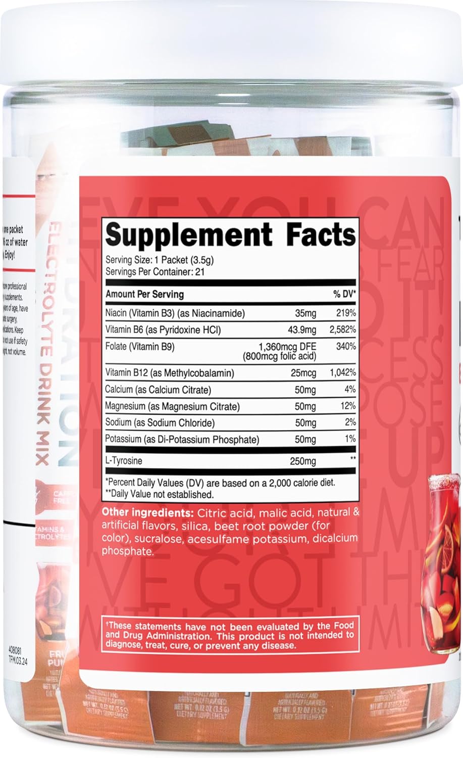 Hydration Supplement Blend with Vitamins and Electrolytes - TransformHQ Fruit Punch Drink Mix, 21 Single-Serving Packets