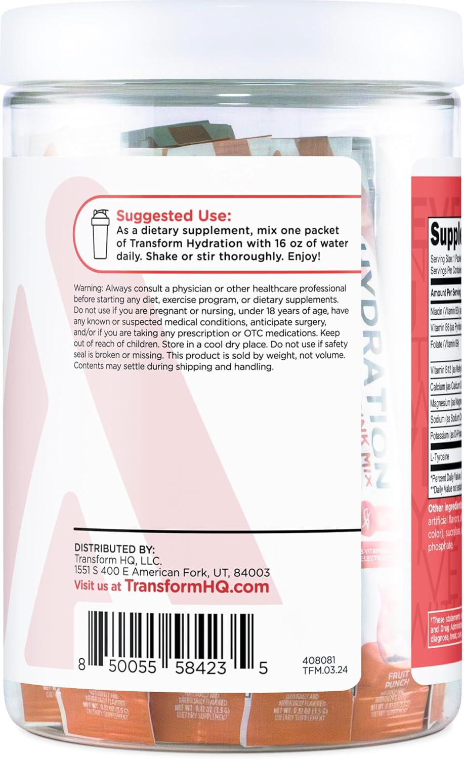 Hydration Supplement Blend with Vitamins and Electrolytes - TransformHQ Fruit Punch Drink Mix, 21 Single-Serving Packets
