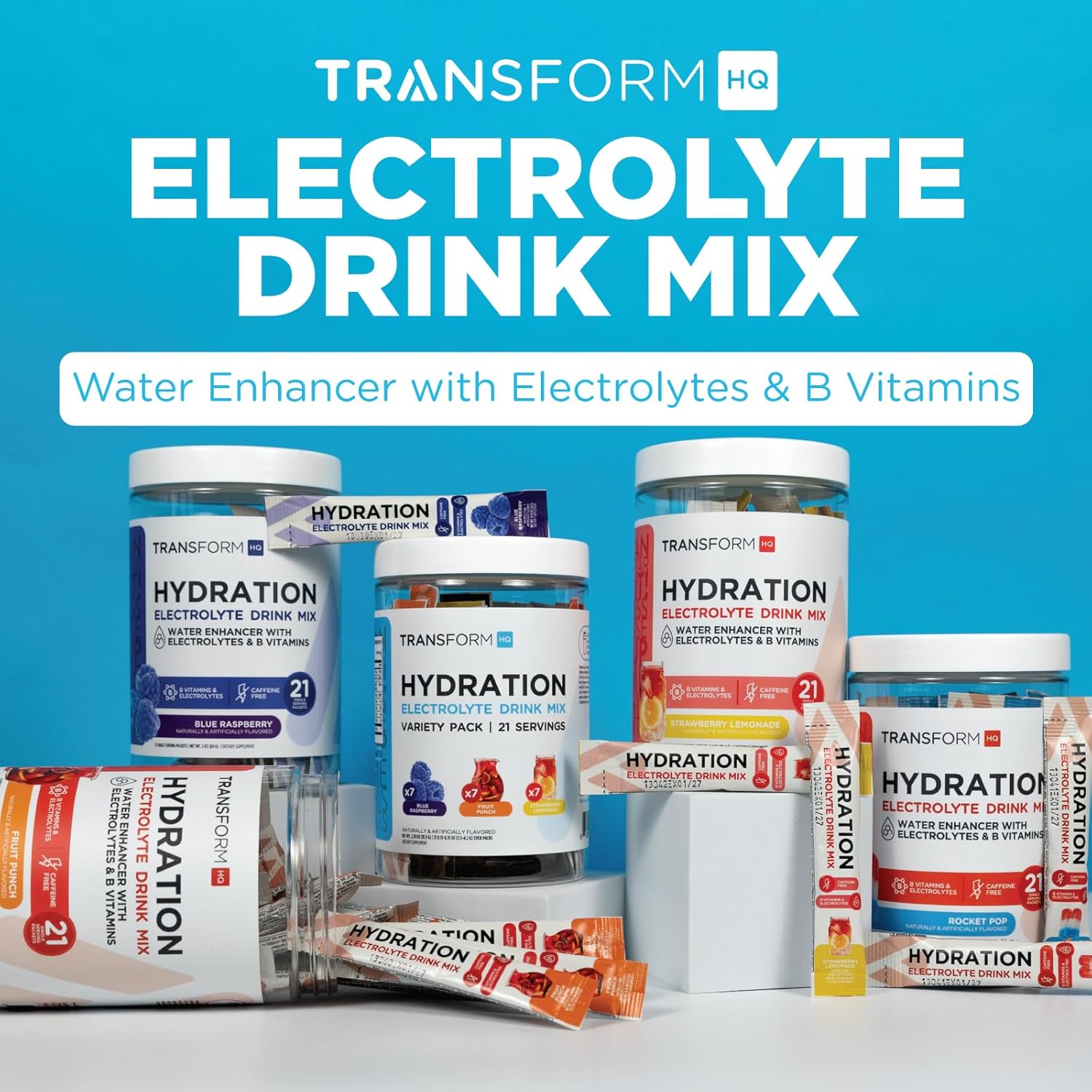 Hydration Supplement Blend with Vitamins and Electrolytes - TransformHQ Fruit Punch Drink Mix, 21 Single-Serving Packets