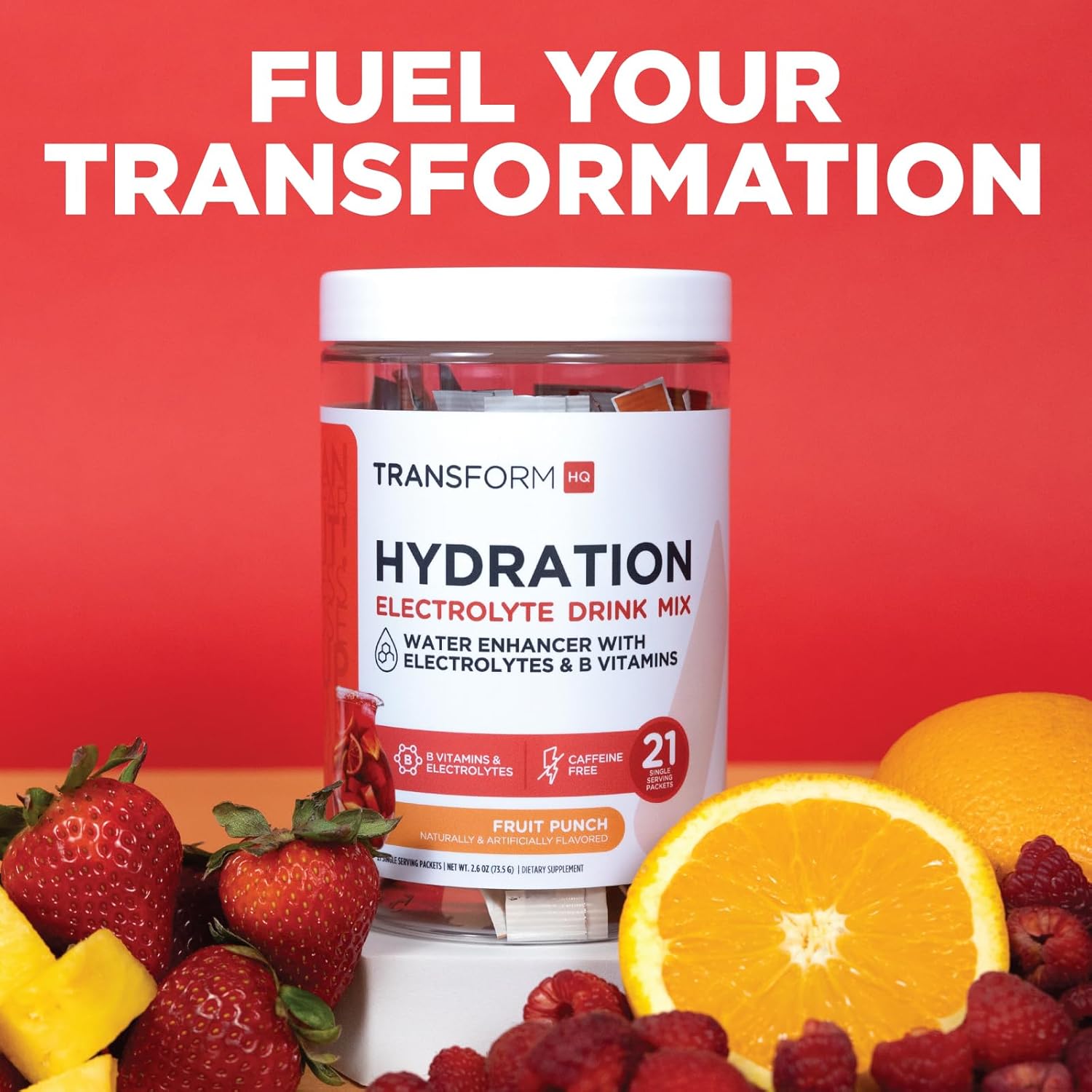 Hydration Supplement Blend with Vitamins and Electrolytes - TransformHQ Fruit Punch Drink Mix, 21 Single-Serving Packets