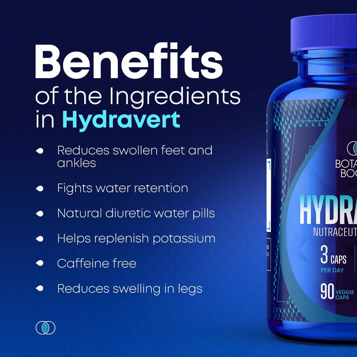 Hydravert Botanic Boost Water Pills for Swollen Legs & Feet - Natural Diuretic Blend Reduces Water Retention & Swelling