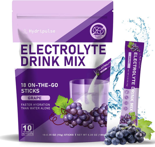 HydriPulse Electrolytes Powder Packets - Grape Flavored, Sugar-Free Drink Mix with 10 Electrolytes & Vitamins - Keto-Friendly, Vegan, Non-GMO - 18 Packets