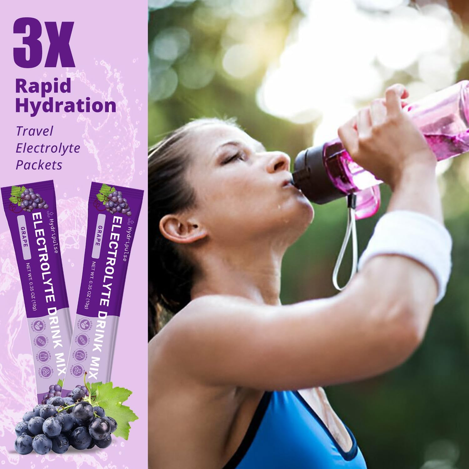 HydriPulse Electrolytes Powder Packets - Grape Flavored, Sugar-Free Drink Mix with 10 Electrolytes & Vitamins - Keto-Friendly, Vegan, Non-GMO - 18 Packets