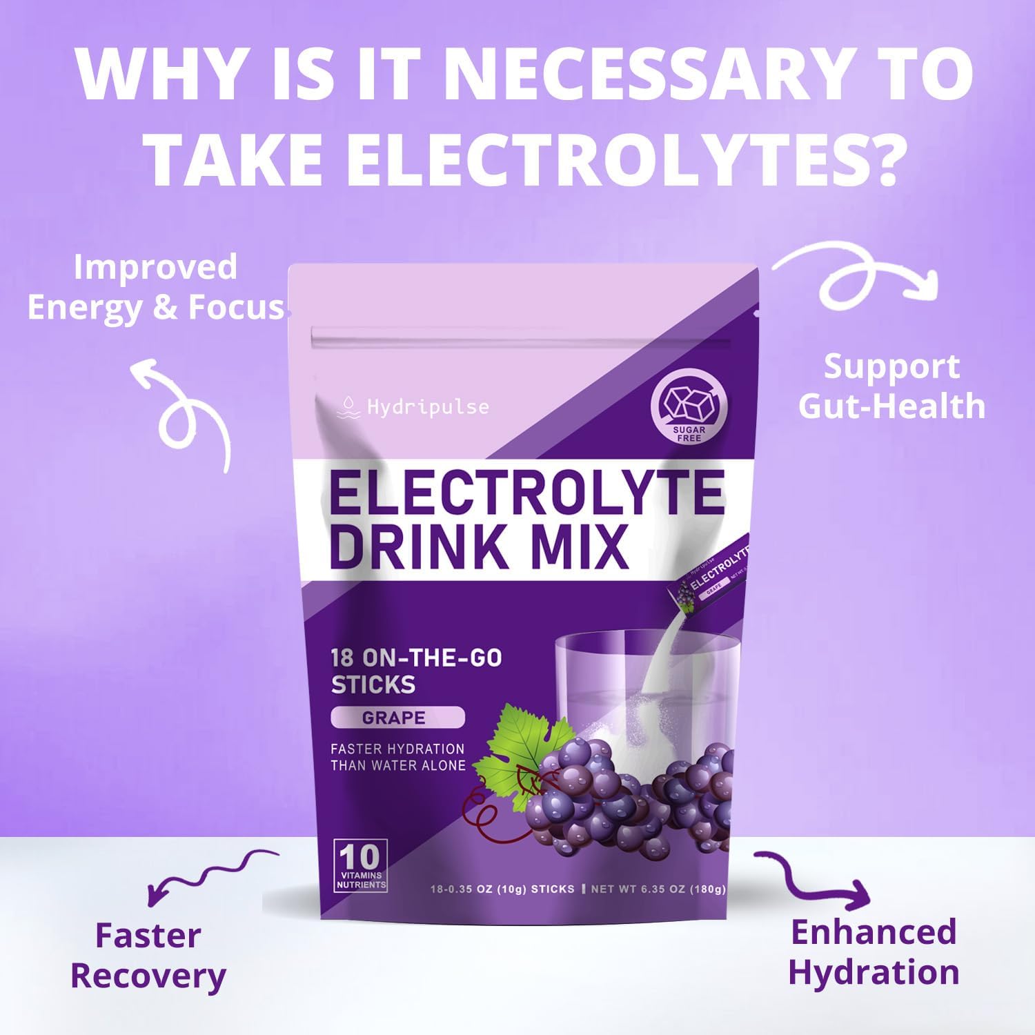 HydriPulse Electrolytes Powder Packets - Grape Flavored, Sugar-Free Drink Mix with 10 Electrolytes & Vitamins - Keto-Friendly, Vegan, Non-GMO - 18 Packets