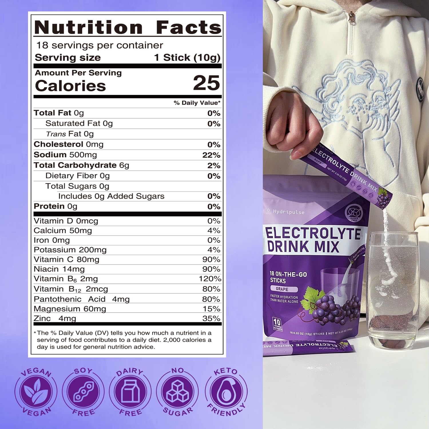 HydriPulse Electrolytes Powder Packets - Grape Flavored, Sugar-Free Drink Mix with 10 Electrolytes & Vitamins - Keto-Friendly, Vegan, Non-GMO - 18 Packets