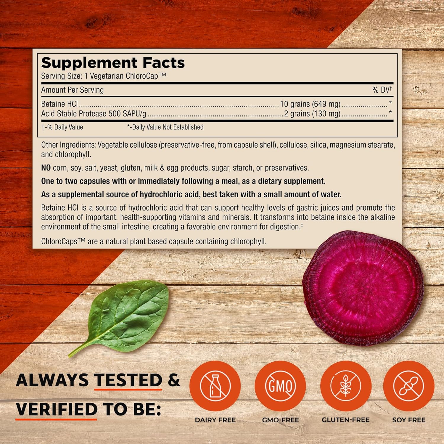 Hydrochloric Acid Betaine for Healthy Digestion - 200 Vegetarian Chlorocaps by Mt. Angel Vitamins