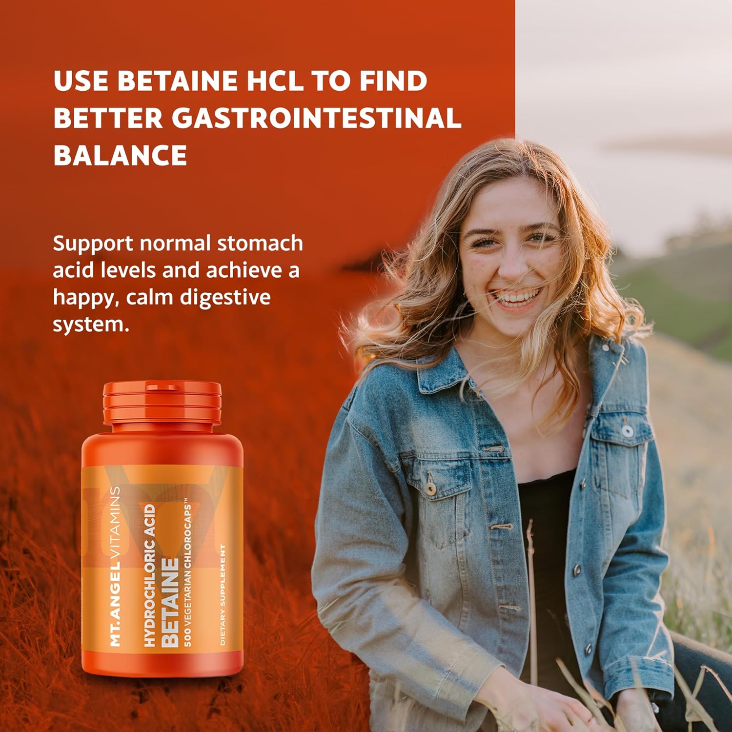 Hydrochloric Acid Betaine for Healthy Digestion - 200 Vegetarian Chlorocaps by Mt. Angel Vitamins