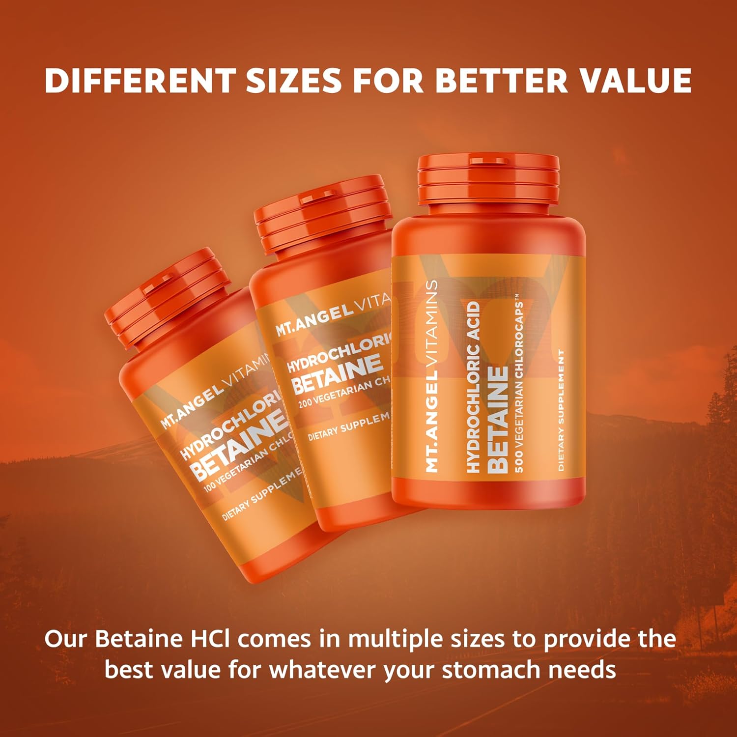 Hydrochloric Acid Betaine for Healthy Digestion - 200 Vegetarian Chlorocaps by Mt. Angel Vitamins