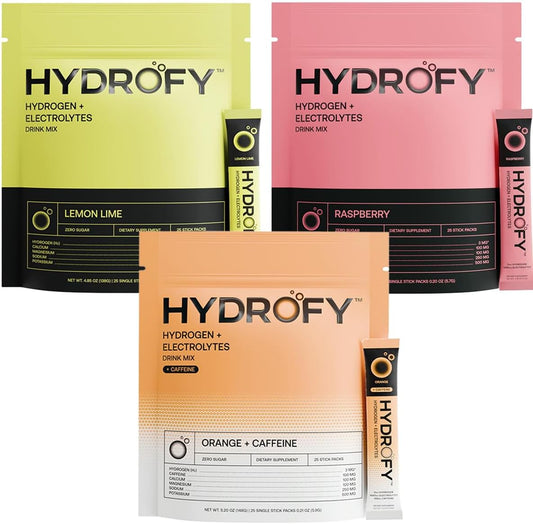 Hydrogen Electrolyte Drink Mix Bundle with Caffeine - Raspberry, Orange, Lemon Lime - 75 Servings - Superior Hydration Packets with H2, Sodium, Potassium, Magnesium, Calcium