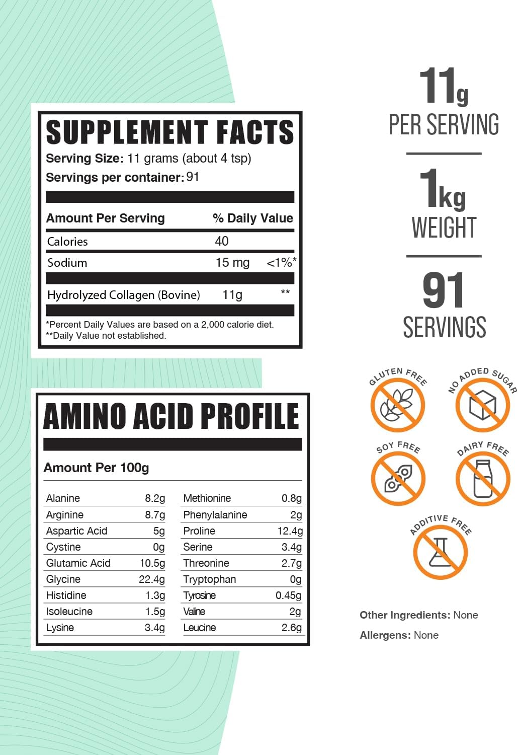 Hydrolyzed Bovine Collagen Peptides Powder - Gluten Free, 11g per Serving, 1kg (2.2 lbs) - Bulk Supplement Pack of 1